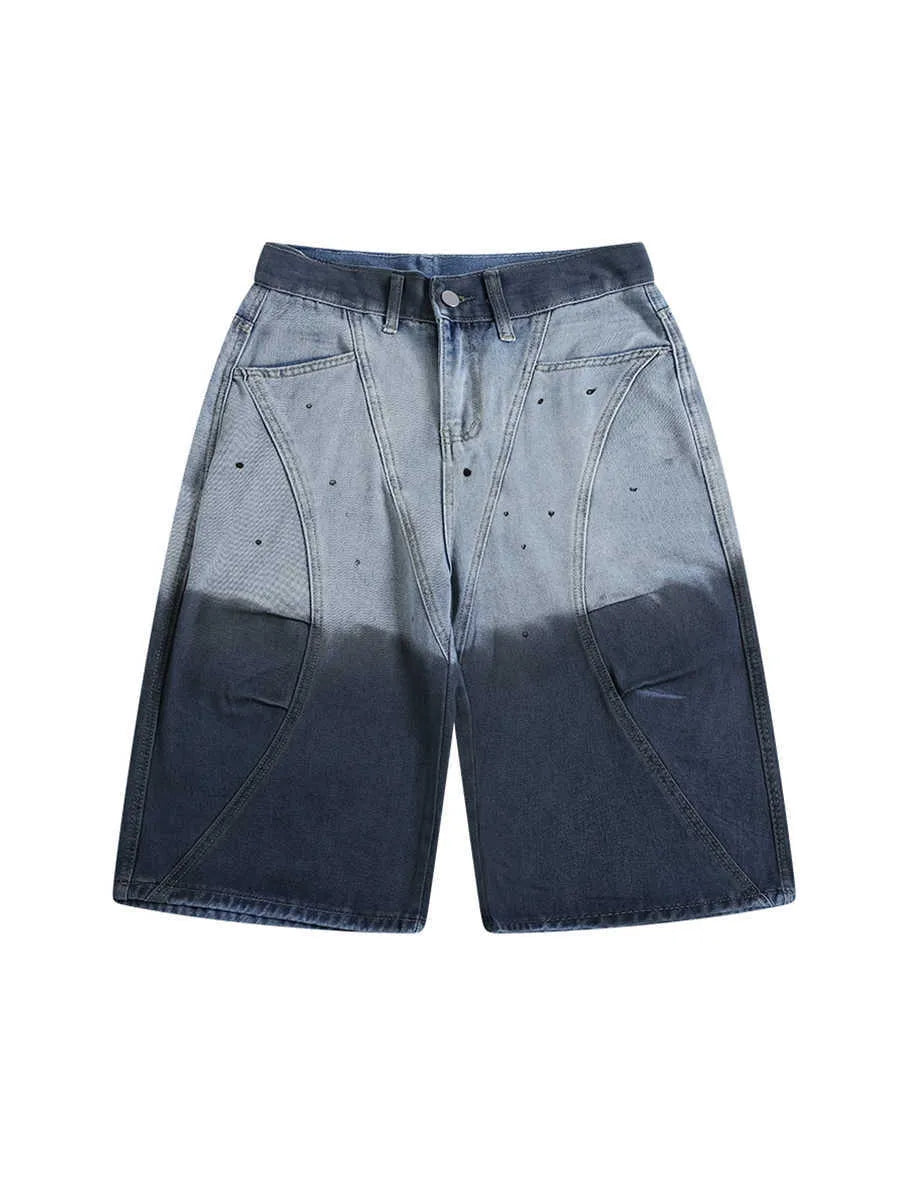 Blue tie-dye gradient cropped jeans with worn-washed finish and loose casual fit