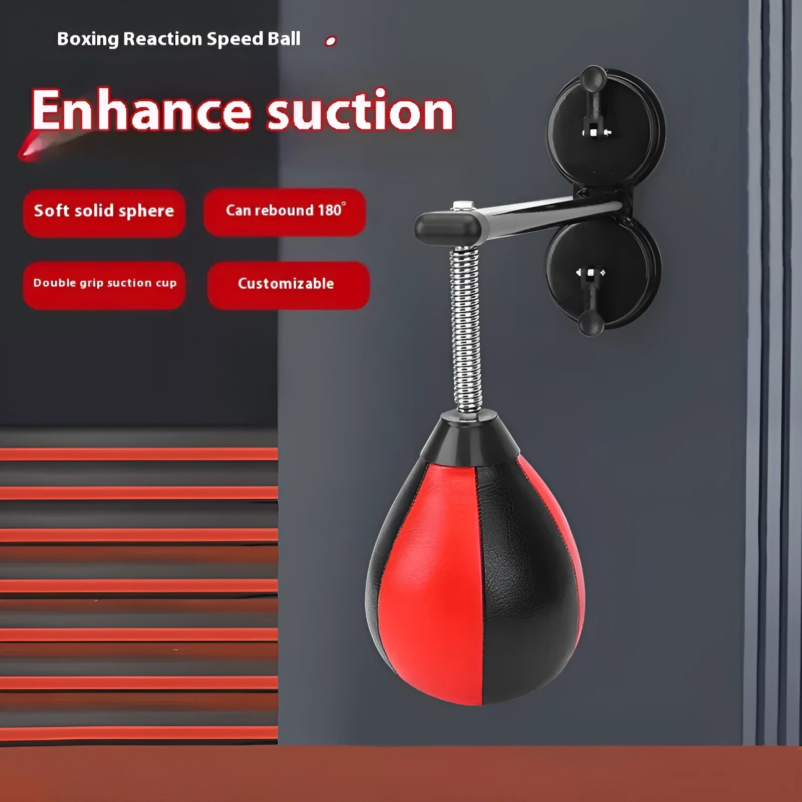 Red and black pear-shaped hanging boxing training ball with elastic cord and suction cup mount.