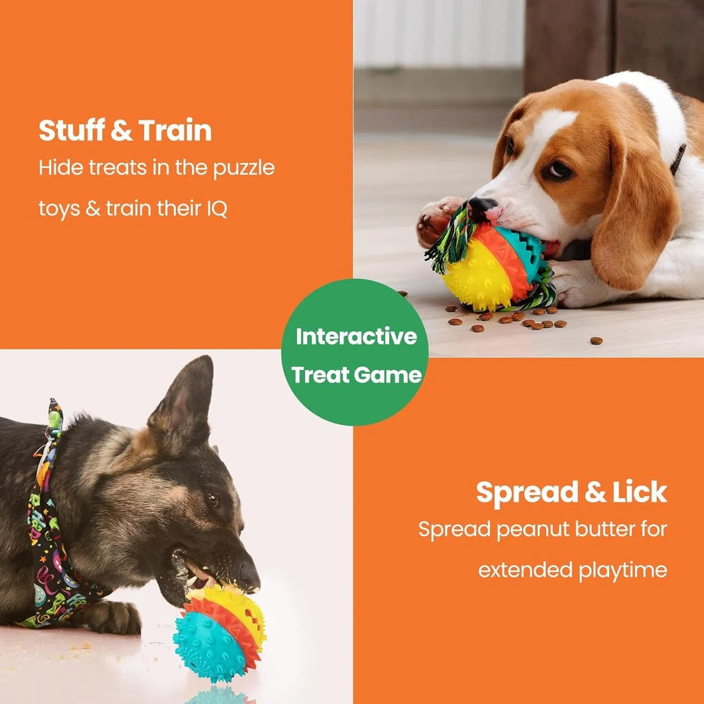 Blue and red squeaky dog chew toy with rope, treat dispenser hole, and 4.25 inch diameter ball shape.