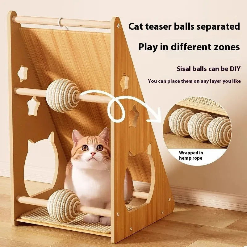 Vertical wall-mounted cat scratch board with sisal surface, featuring a dangling teasing ball and hemp rope.