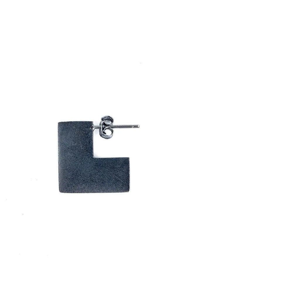 Oxidised black geometric square sterling silver earrings on a 16mm scale.