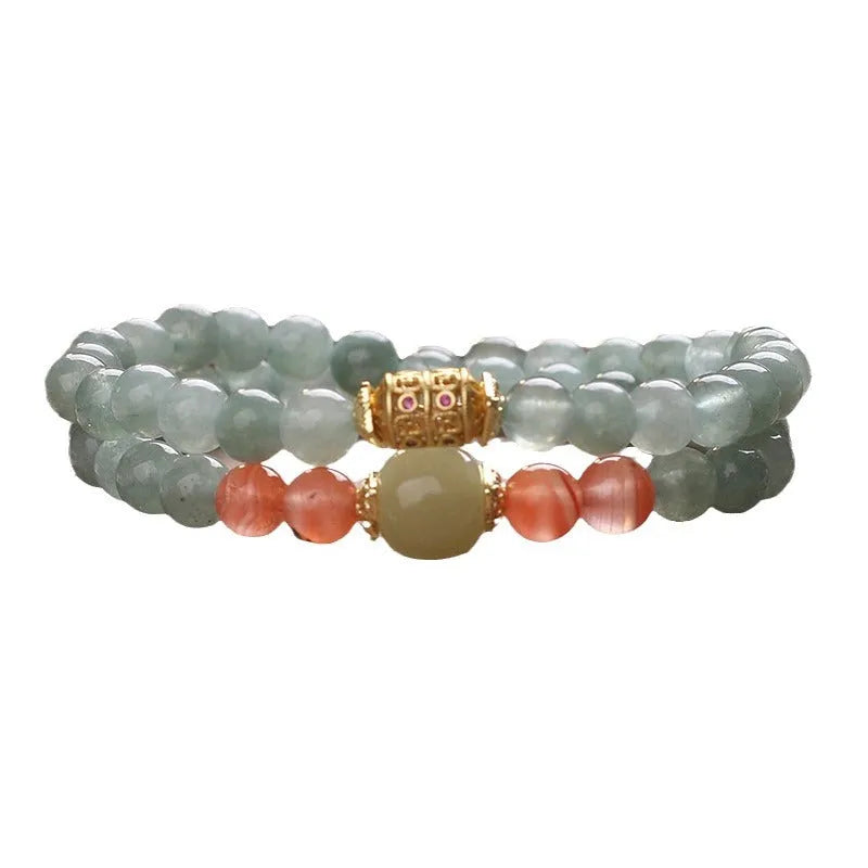 New Chinese style oil green jade and southern red agate beaded bracelet for women, light green round beads
