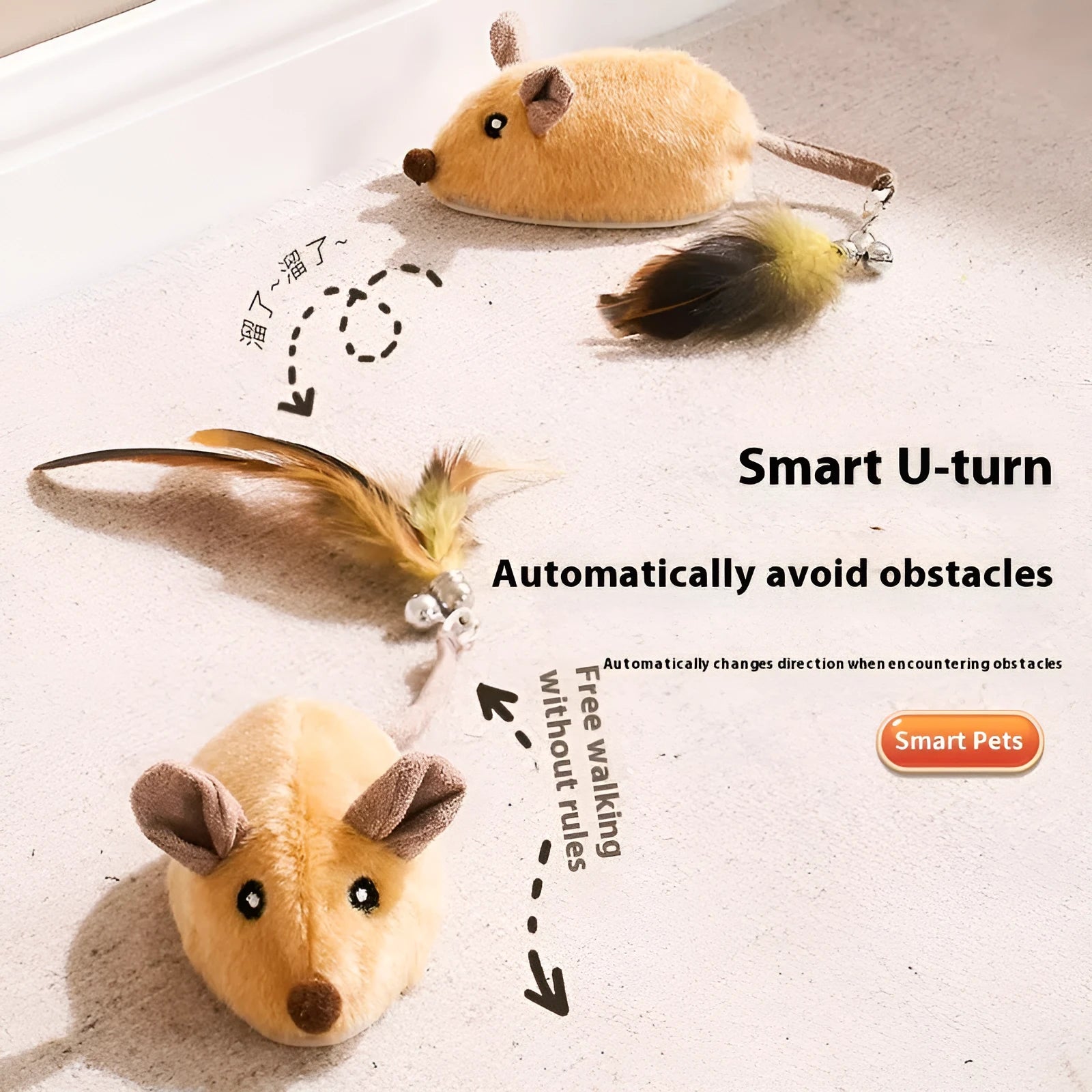 Electric charging simulation mouse cat toy with feather tail decoration