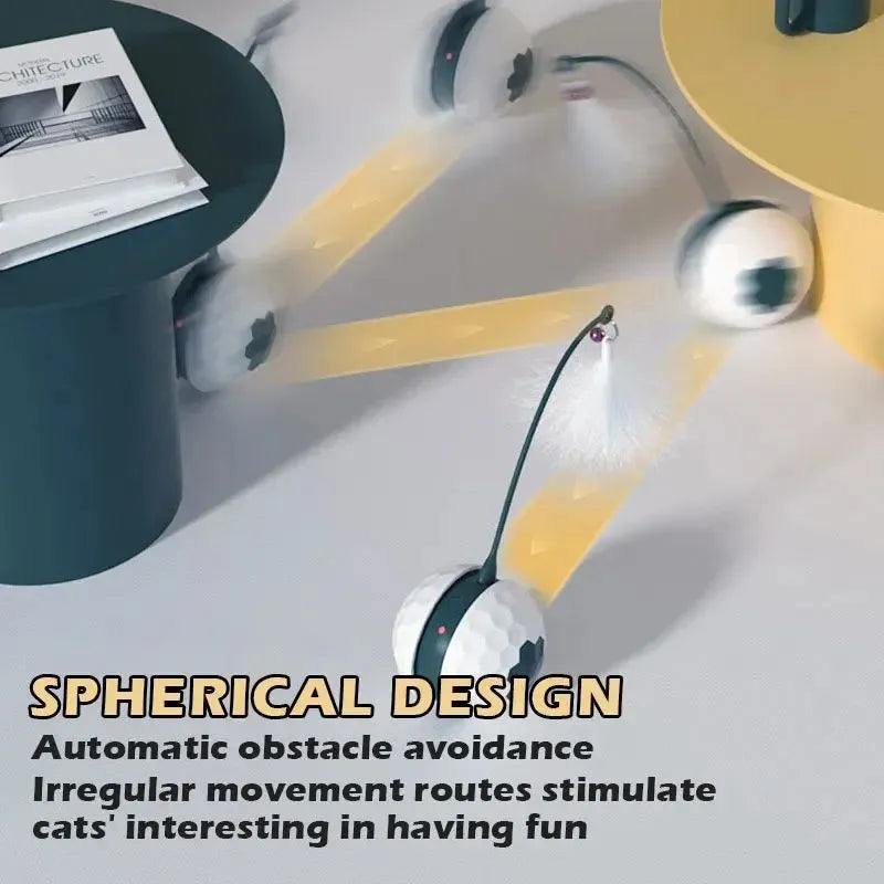 Self-moving cat teaser stick with feather and hemp rope attachments on a red base with USB charging cable