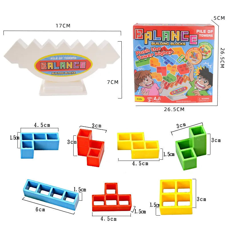 Balance stacking game set with plastic building blocks and wooden chassis