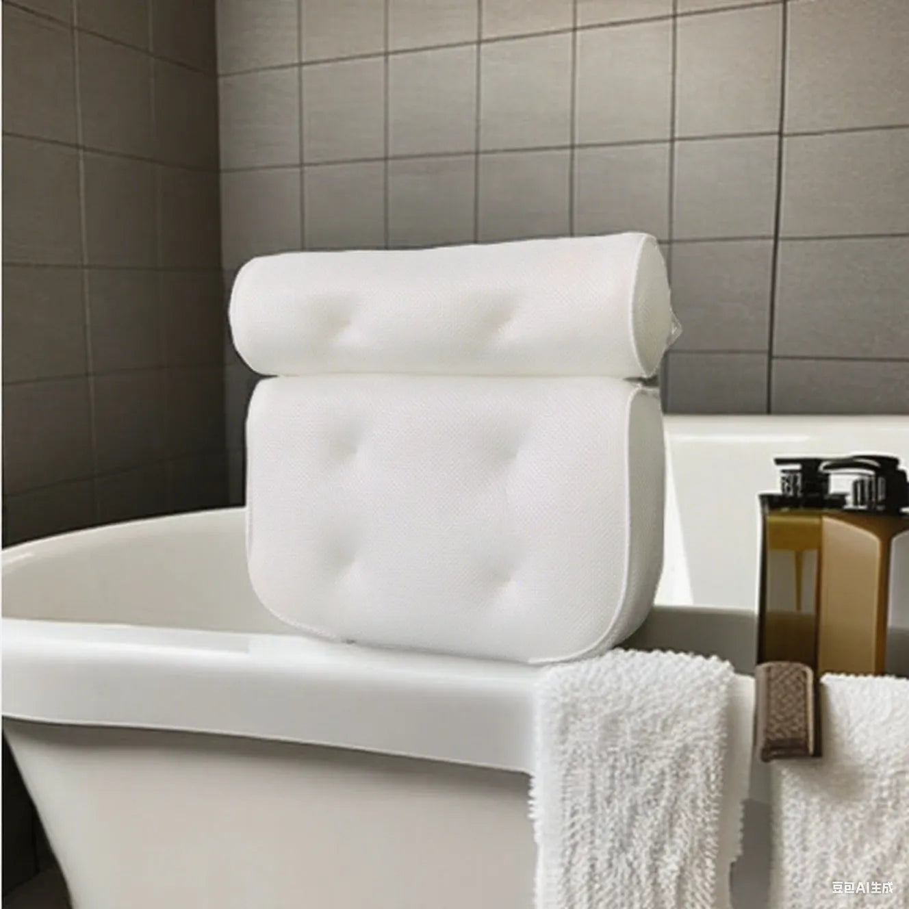 White 4D mesh bathtub pillow with 7 suction cups on a bathtub edge.