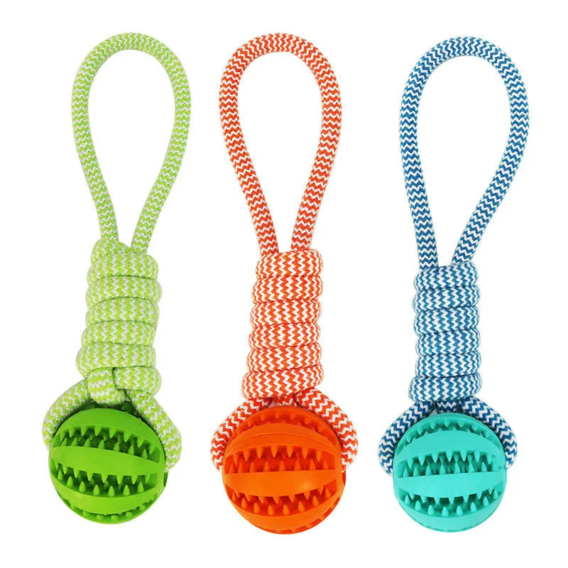 Interactive dog treat ball with hemp rope in blue for small dogs chewing and playing tug of war
