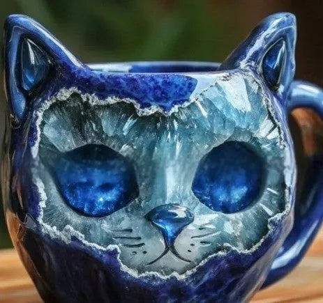 Handmade purple geode mug and crystal cat cup resin craft ornament on a table.