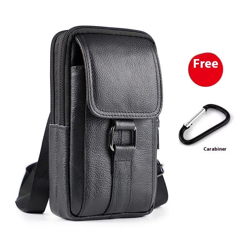 Men's black genuine leather crossbody waist bag with a lock, shown in vertical square shape.