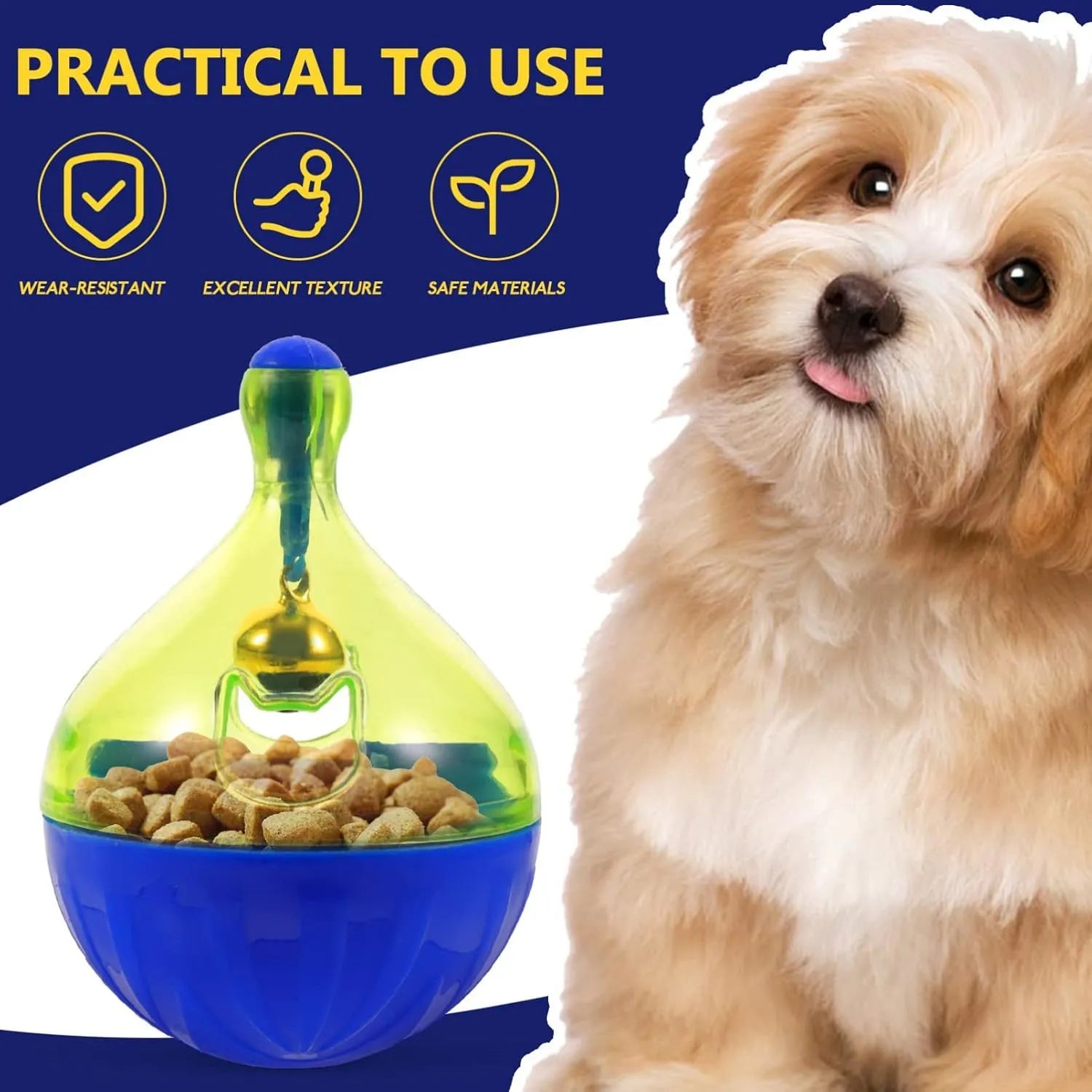 Blue and green tumbler-shaped interactive treat dispenser toy for dogs and cats on a wooden floor.