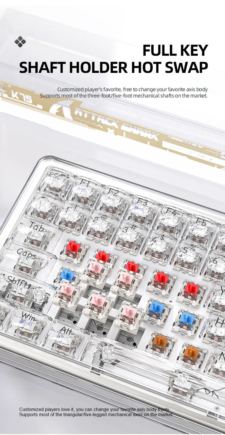 Attack Shark K75 wireless mechanical keyboard with transparent black case showing internal components and RGB lighting