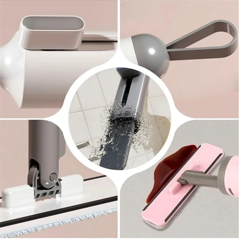 Pink rotatable self-squeeze flat mop with microfiber pad extended on a floor.
