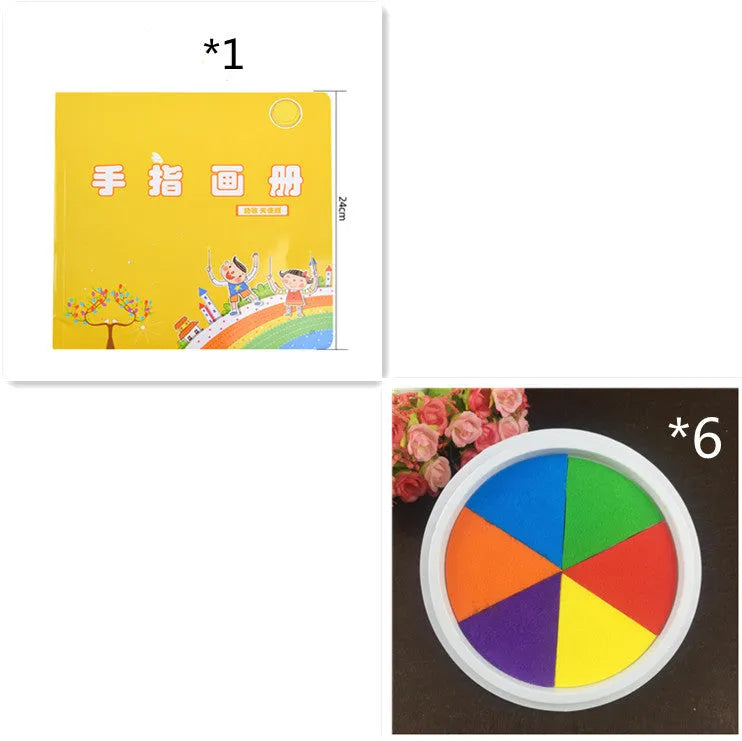 Children's finger print mud kit with plastic inkpad, stamp, and picture album for non-toxic sensory play.