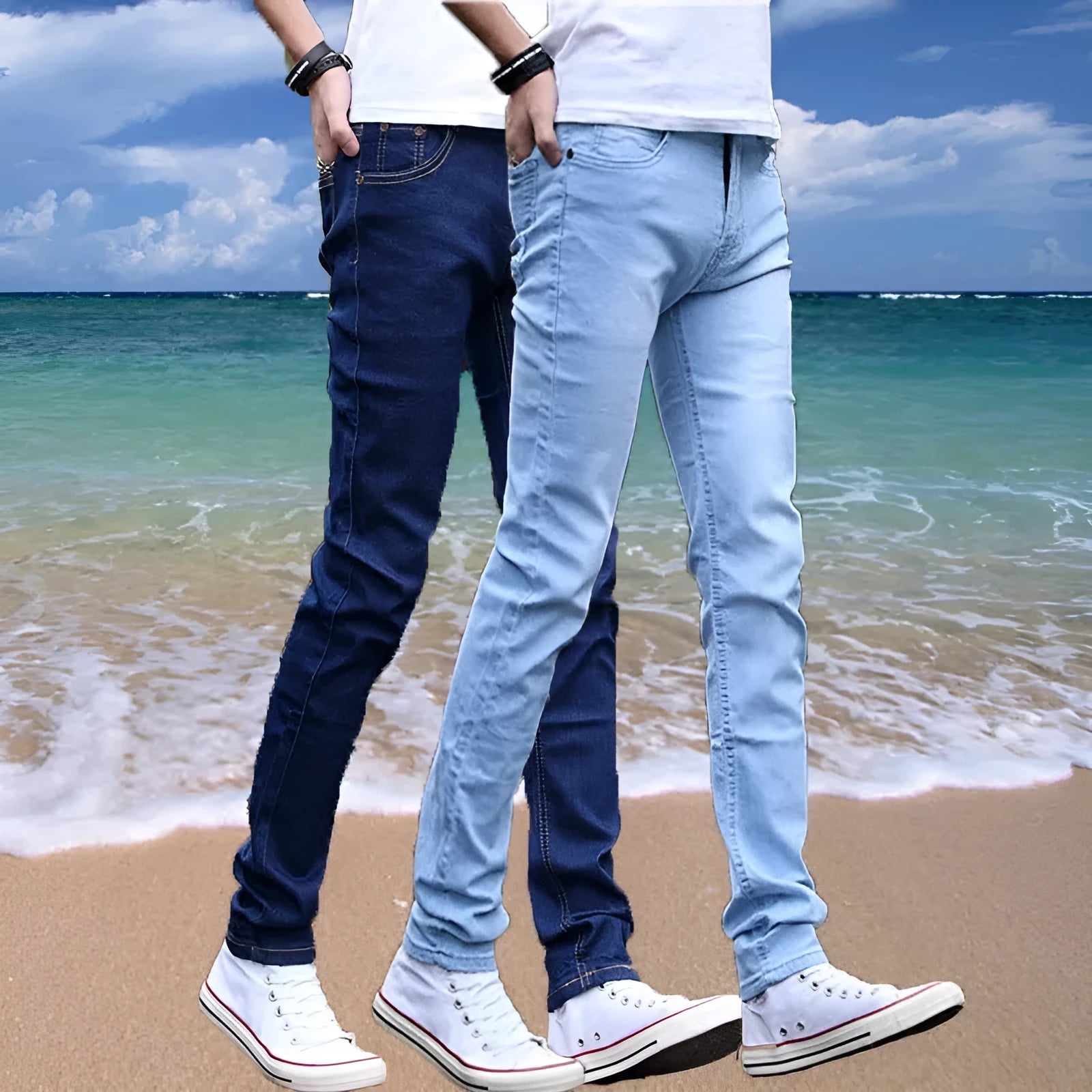 Thin men's loose skinny casual jeans in pure black with low waist, cropped leg, small leg opening, and zip fly.