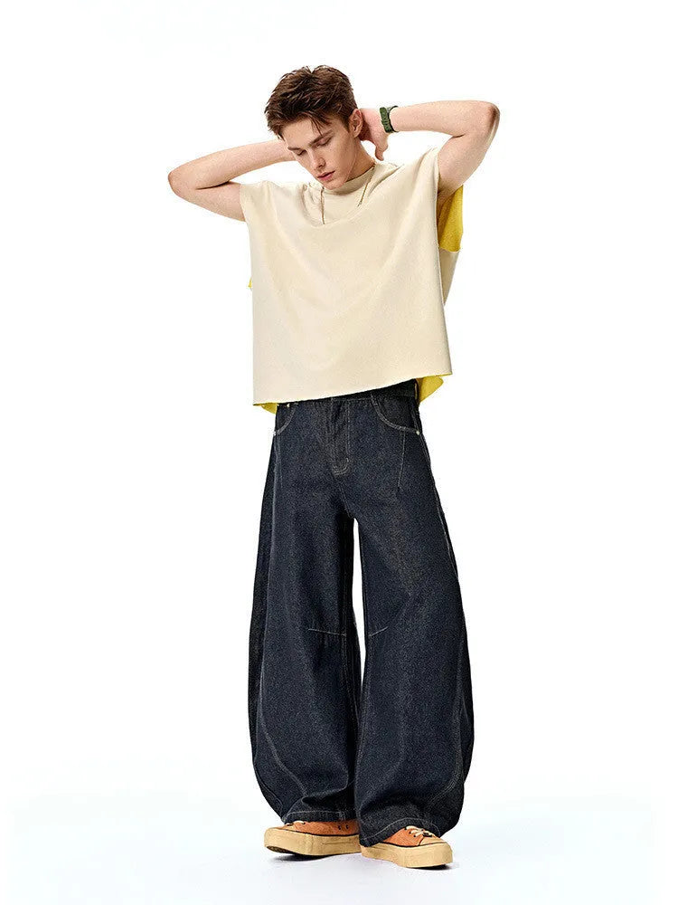 Men's wide leg denim trousers in original cow colour cotton fabric with mid-waist fit
