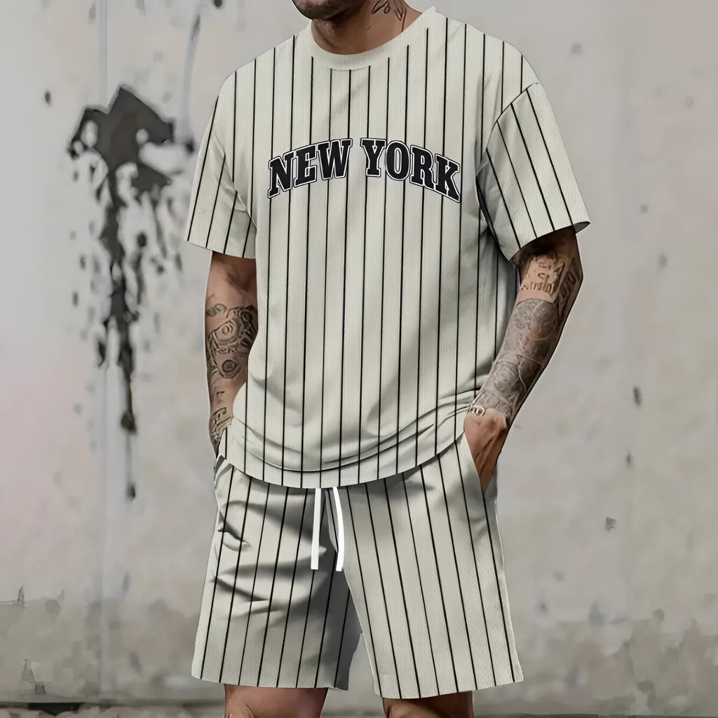 Men's grey 3D printed letter design suit with short sleeves and matching shorts