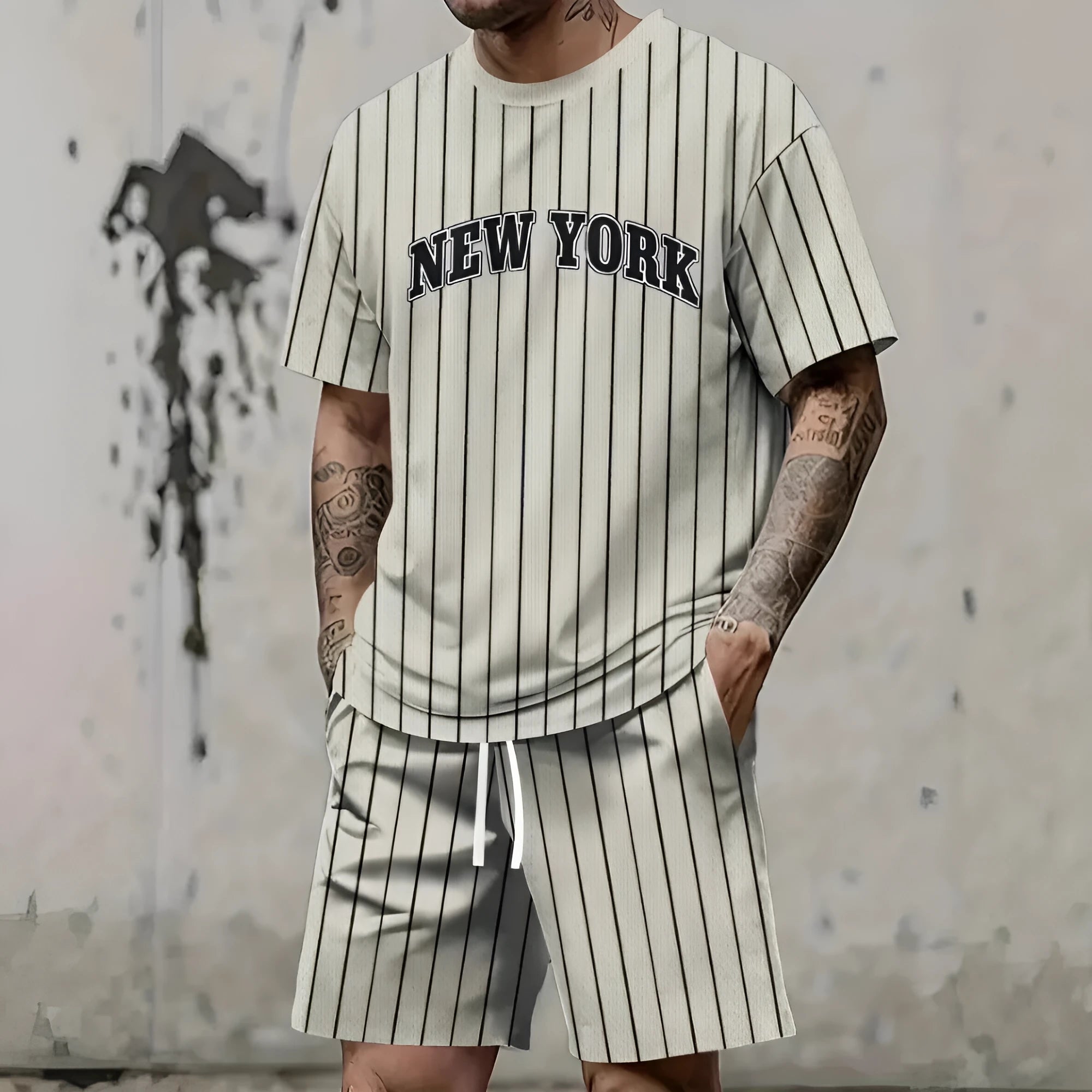Men's grey 3D printed letter design suit with short sleeves and matching shorts
