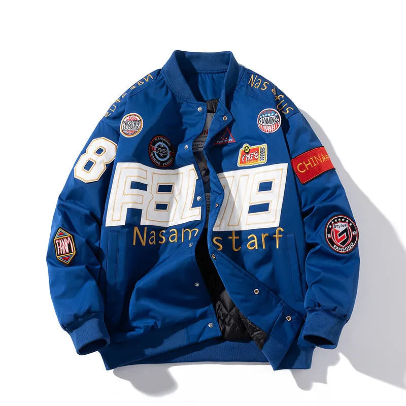 Thick polyester motorcycle jacket for men embroidered baseball design side pockets drawstring sleeves