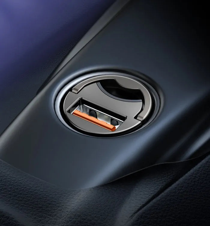Electro-optical grey single USB port 30W car charger with 1 metre cable.