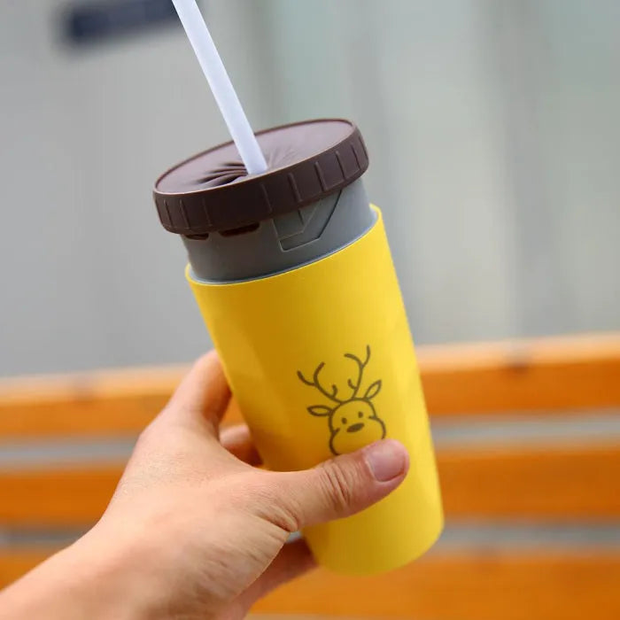 Double wall insulated travel mug with twist top silicone seal showing straw accommodation
