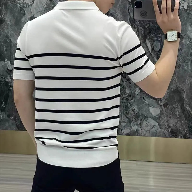 Striped lapel knitted T-shirt in black and white colour options showing pullover style
