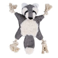 Plush squeaky dog toy set with fox, squirrel, monkey, and other animal shapes on a light background