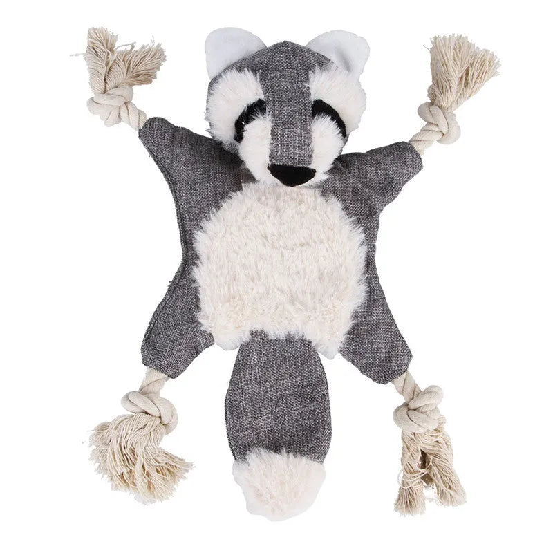 Plush squeaky dog toy set with fox, squirrel, monkey, and other animal shapes on a light background
