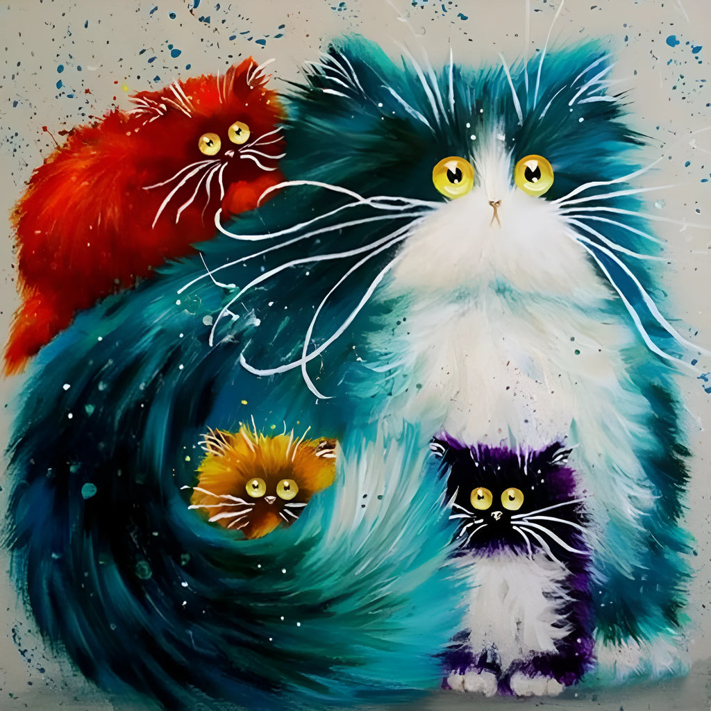Scared Or Surprised cat design painting by numbers kit showing canvas, acrylic paints, and three brushes.
