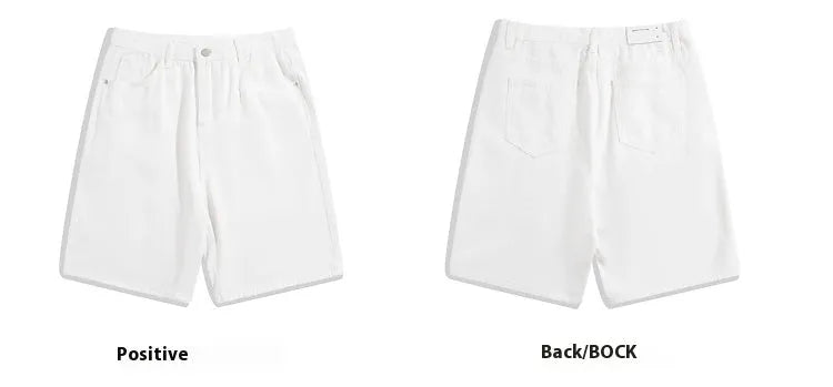 Men's straight-leg denim shorts in light blue, shown with a zip fly and mid-waist design.