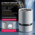 White desktop air purifier with USB cable for small room air cleaning