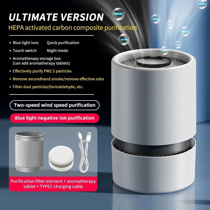White desktop air purifier with USB cable for small room air cleaning