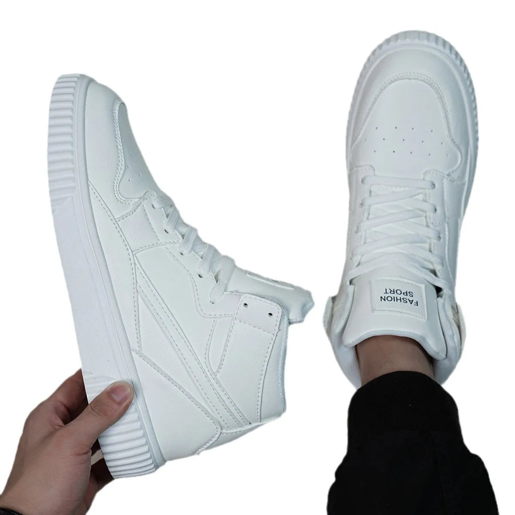 Men's white casual shoes with a microfiber upper and round toe for autumn and winter wear.