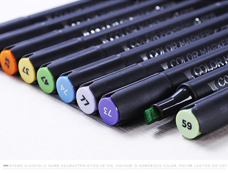 Double-headed alcohol oily colour animation paint pens with round and inclined nibs in multiple colour set options