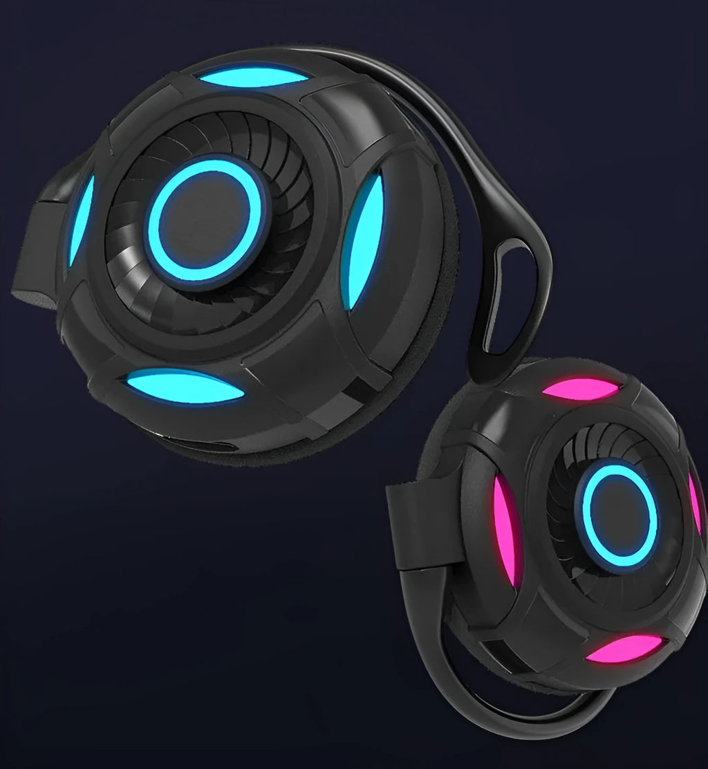 Black wireless Bluetooth earphones with hanging ear design showing ear hooks and USB charging port