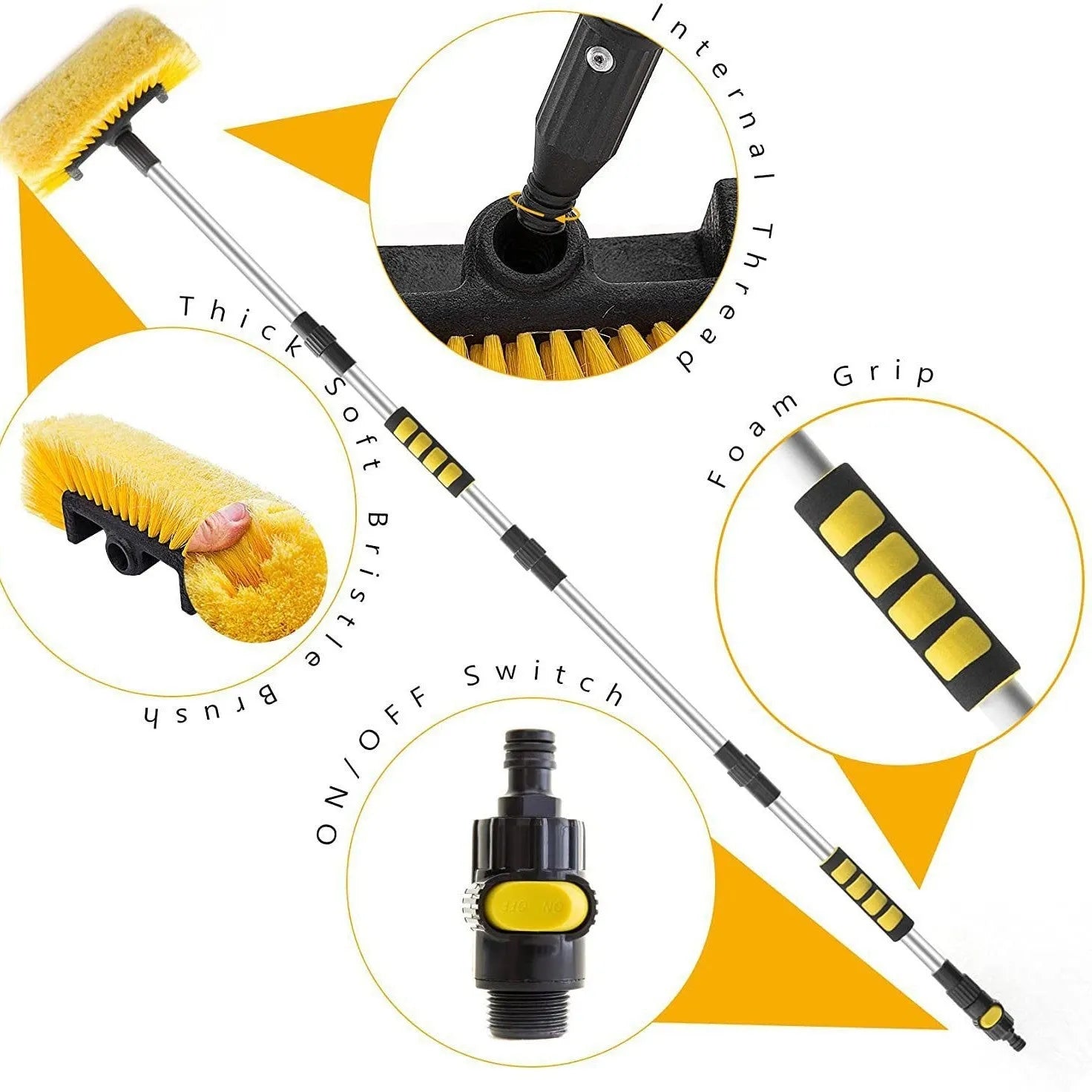 Yellow portable car wash brush with four-section removable rod and flow-through brush head design