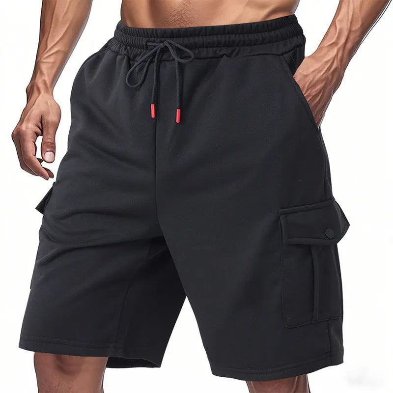 Men's light grey loose fit cargo shorts with multiple pockets and elastic waistband