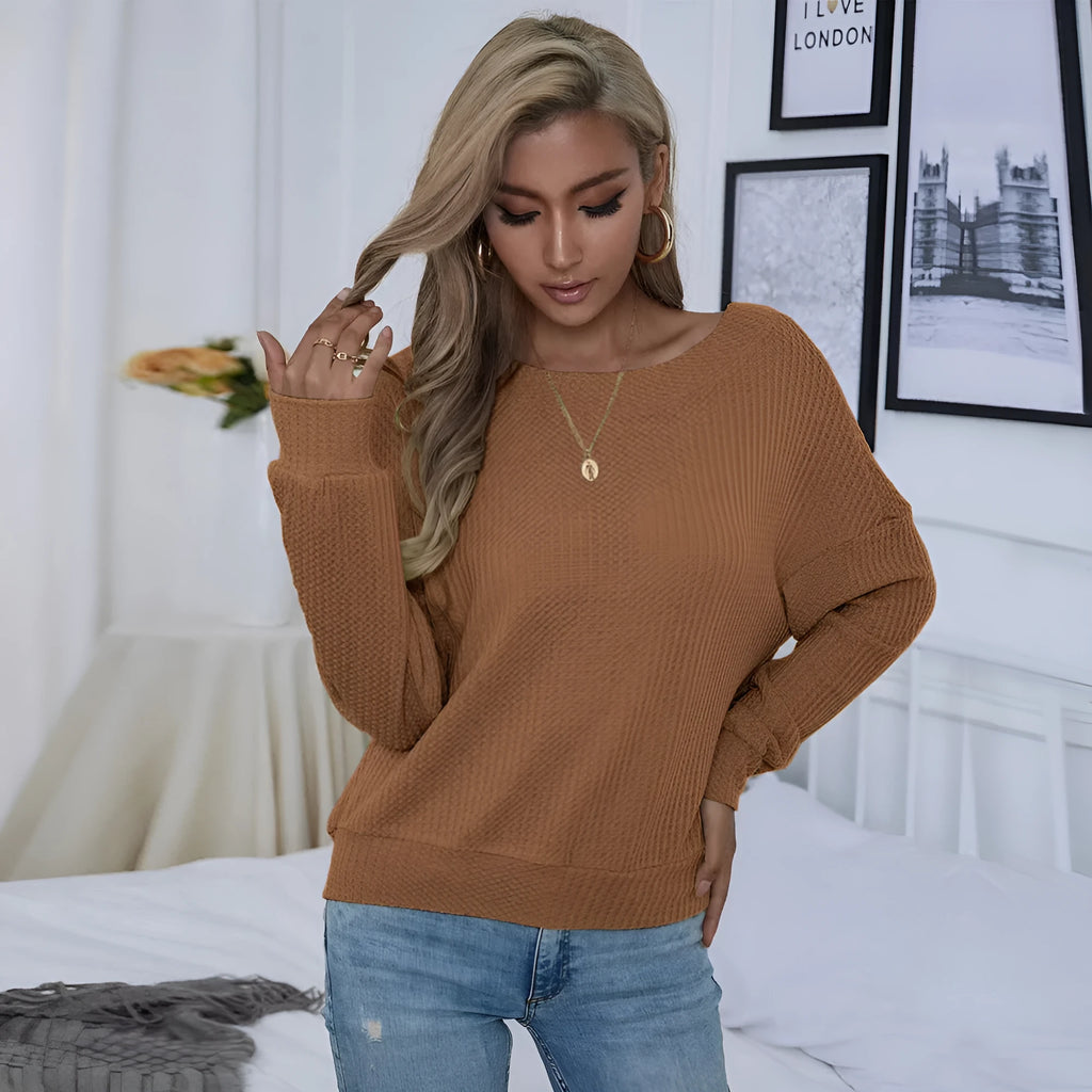 Women's loose casual backless long sleeve pullover in solid brown polyester with drop shoulders