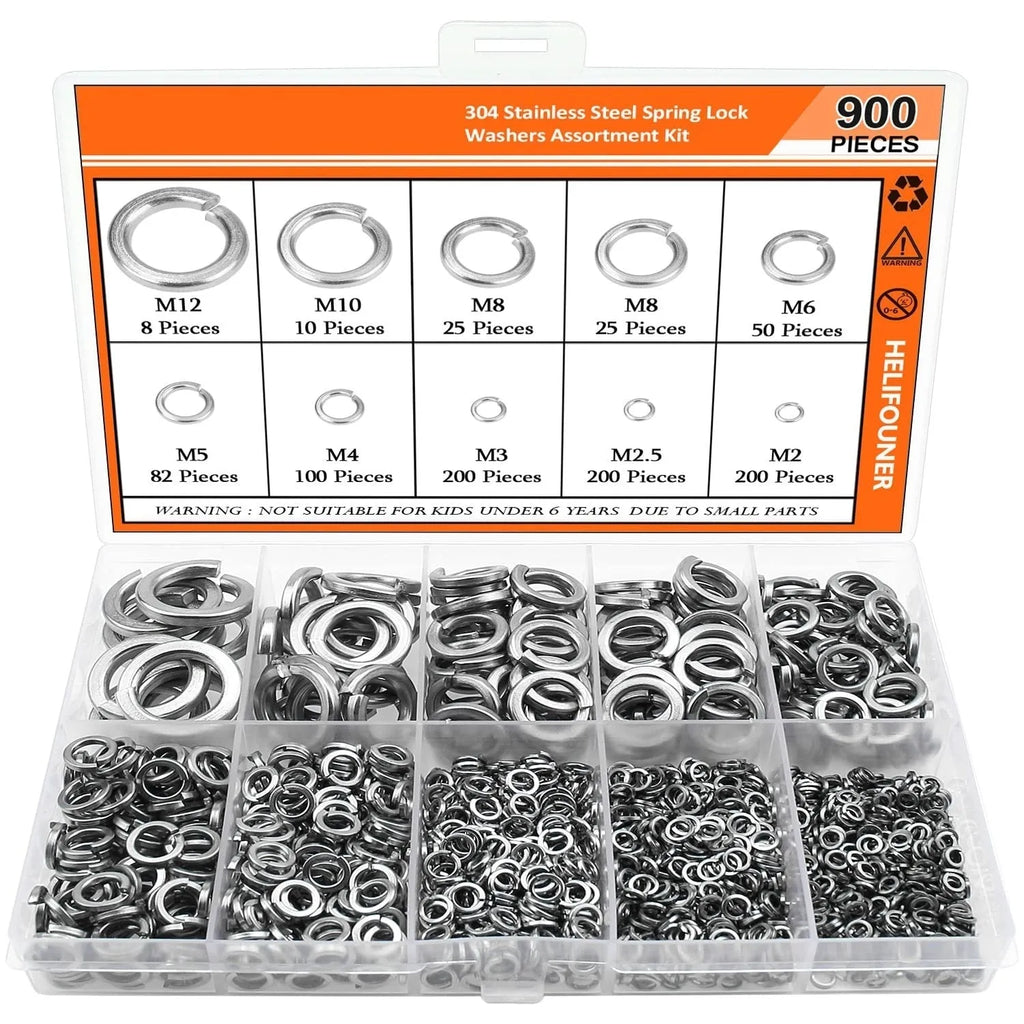 304 stainless steel spring washer assortment kit with 900 pieces in a box, sizes 2mm to 12mm