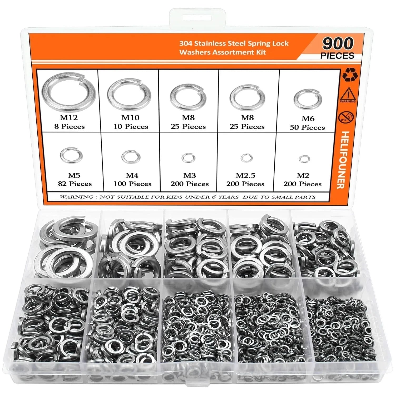 304 stainless steel spring washer assortment kit with 900 pieces in a box, sizes 2mm to 12mm