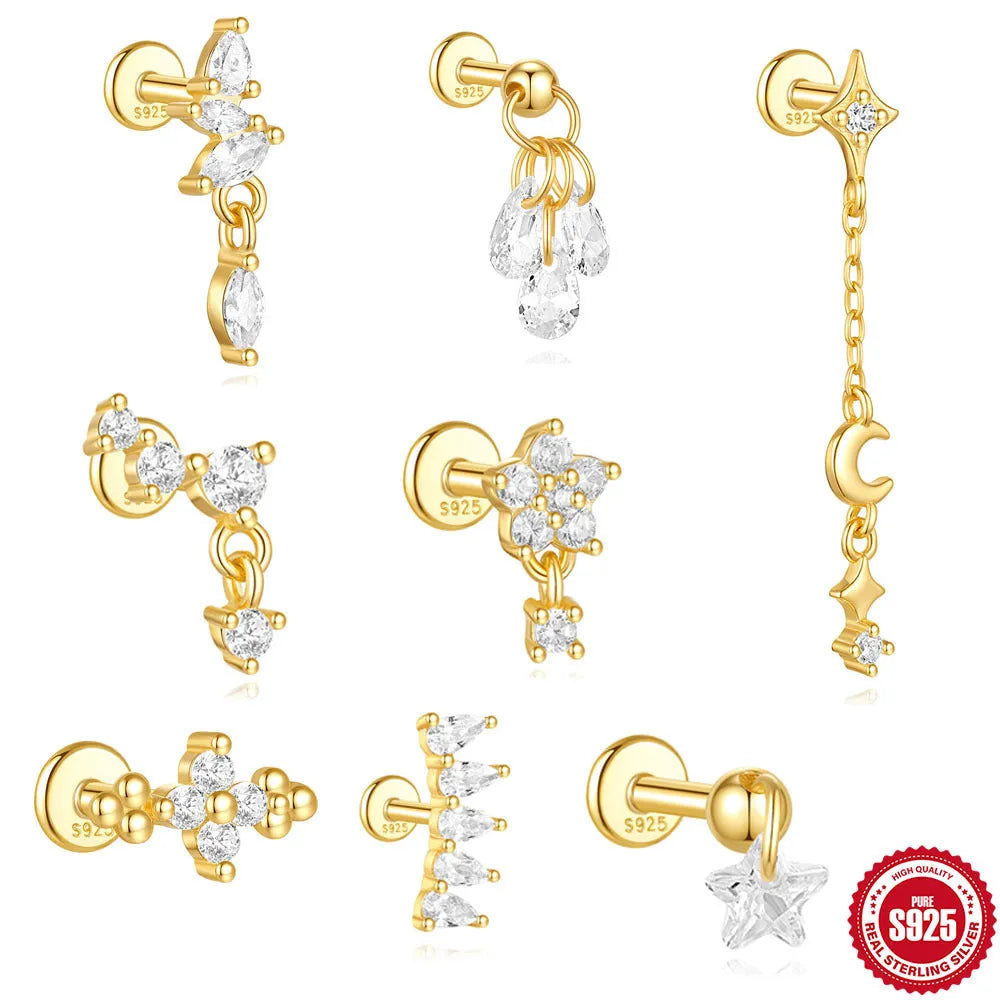 Geometric S925 sterling silver moon and star earrings with diamond embedded embellishment on a white background.