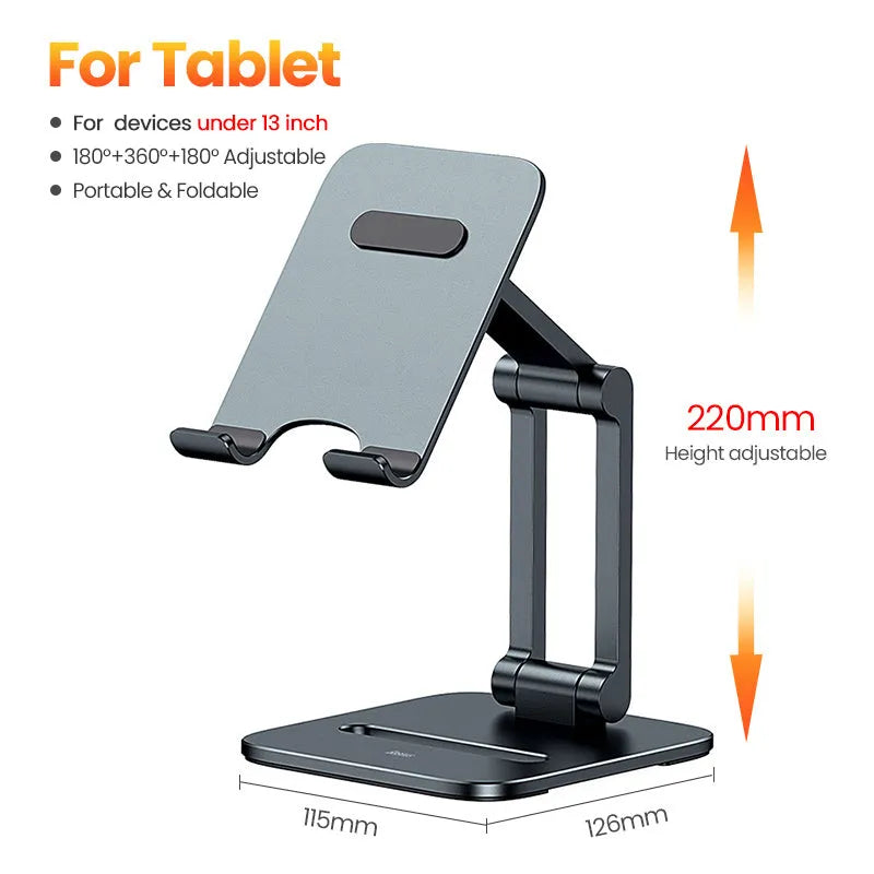 Deep space grey aluminium folding stand holding a tablet and a mobile phone separately.