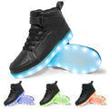 Unisex black LED high-top shoes with glowing light-up soles and Velcro strap.
