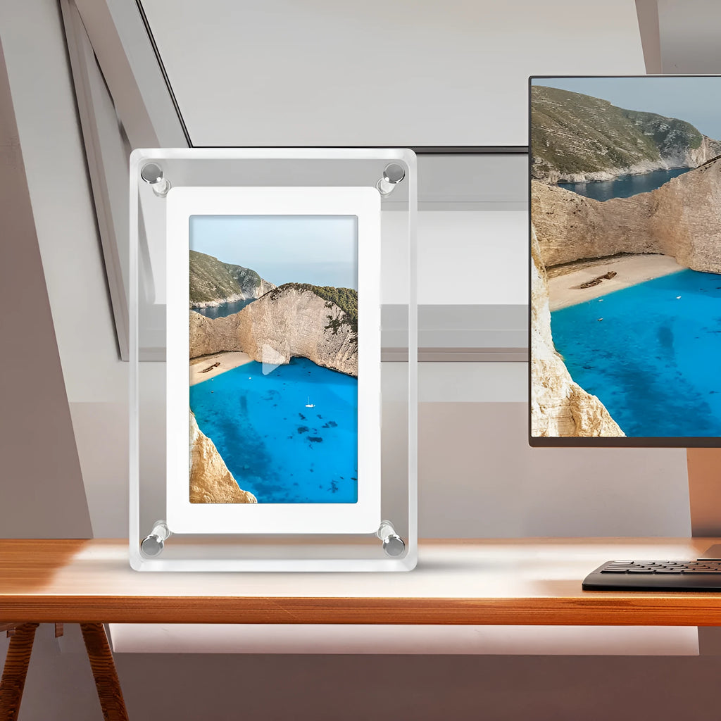 5-inch transparent acrylic digital photo frame with IPS screen and anti-dumping bracket, showing a photo on display