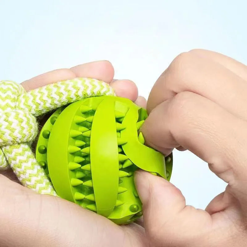 Interactive dog treat ball with hemp rope in blue for small dogs chewing and playing tug of war