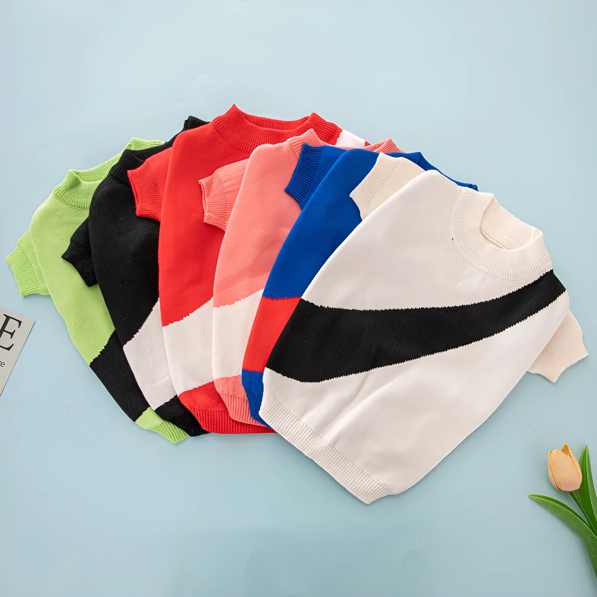 Wool pet sweater for dogs in six colours including orange red and sapphire blue