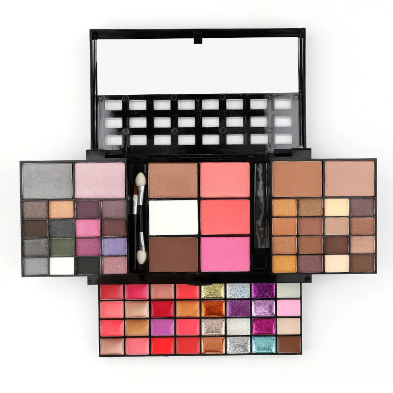 74 colour makeup palette set with four layers, mirror and brushes including eyeshadows and lip glosses