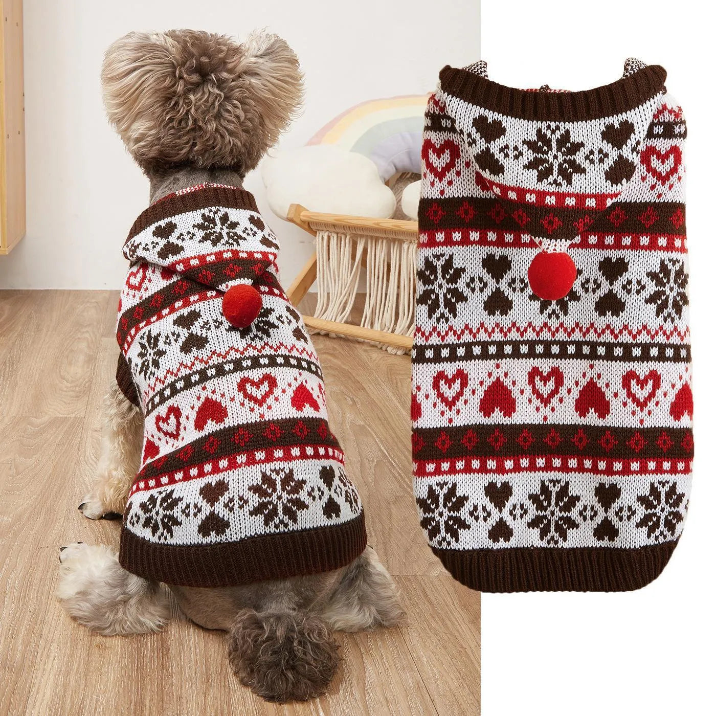 Small pink dog sweater with striped camouflage and snowflake patterns on a mannequin.