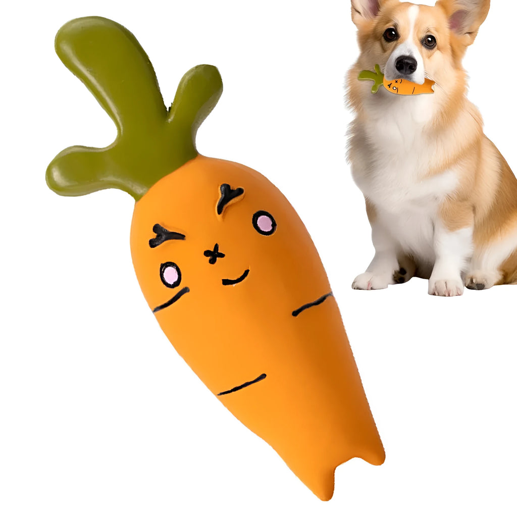 Latex cartoon vegetable dog chew toy shaped like an onion and eggplant in green, orange, or purple.
