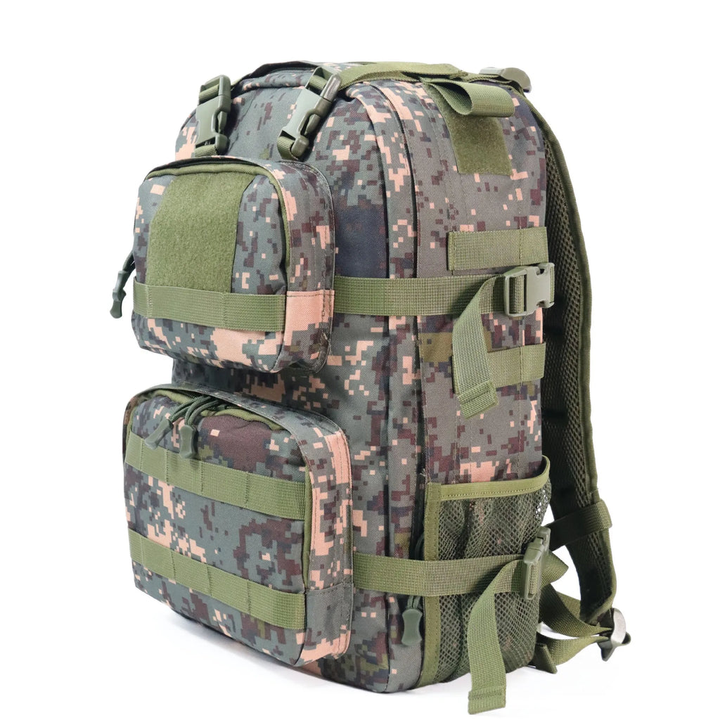 Men's camouflage outdoor waterproof backpack with expansion feature and air pillow belt