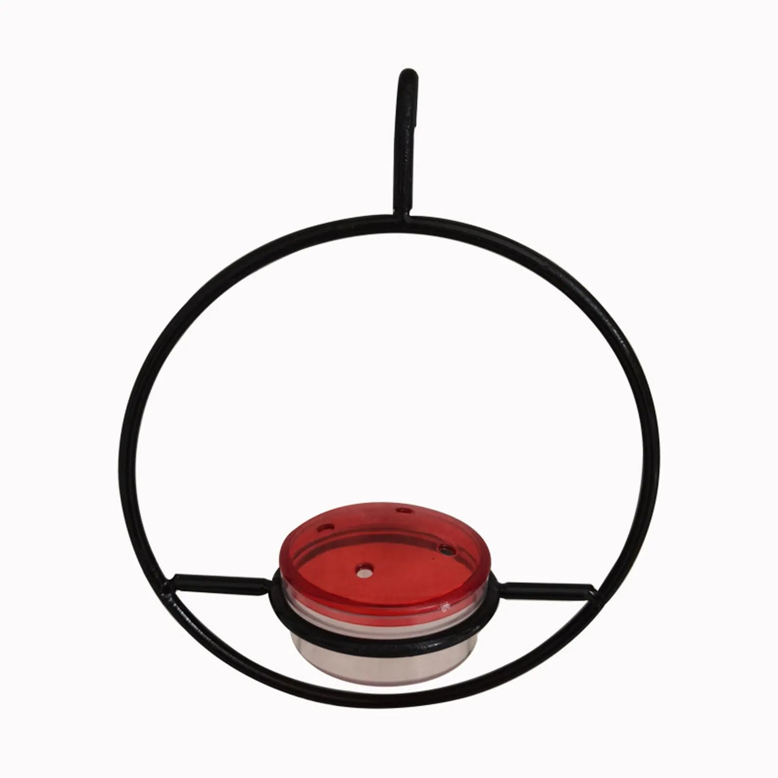 Metal round hanging hummingbird feeder in black with perch and nectar ports on outdoor hook